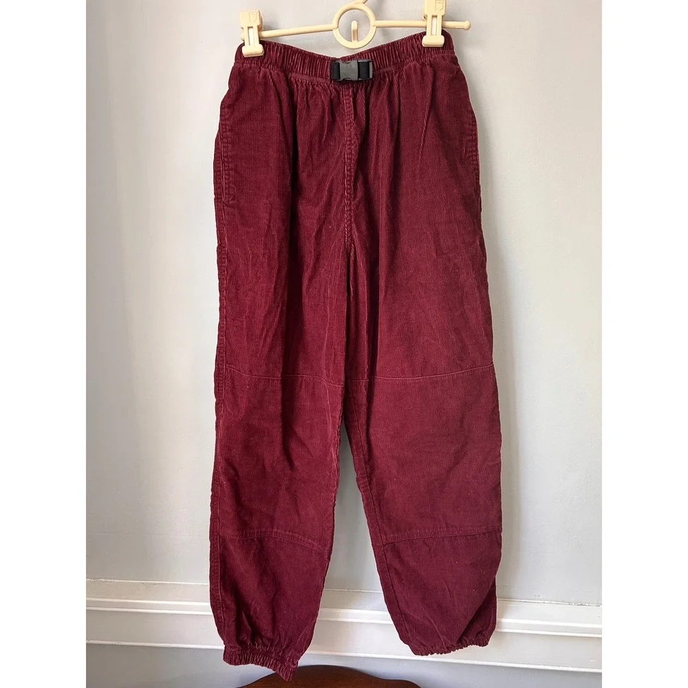 LL Bean Boys Burgundy Corduroy Jogger Pants Buckle Belt Reinforced Knee LG VTG